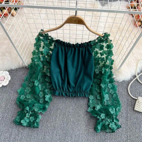 (M, green) One-shoulder Chiffon Shirt See-through Mesh Stitching Loose Waist Cropped Off-the-shoulder Top Women Tops