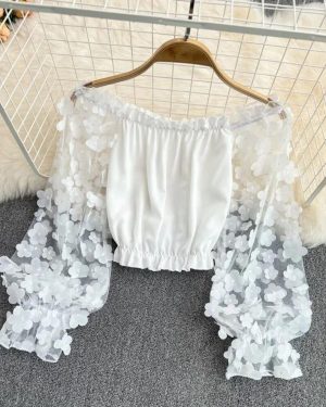 (M, white) One-shoulder Chiffon Shirt See-through Mesh Stitching Loose Waist Cropped Off-the-shoulder Top Women Tops