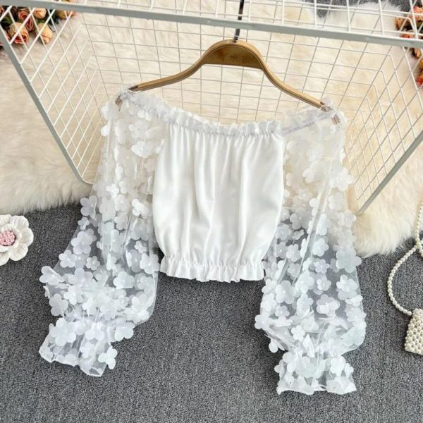 (M, white) One-shoulder Chiffon Shirt See-through Mesh Stitching Loose Waist Cropped Off-the-shoulder Top Women Tops