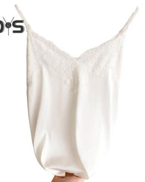 (M, white) Women Vest Lace Patchwork Solid Color Sleeveless Backless Spaghetti Strap V Neck Silky Soft Casual Soft Women Camisole Top