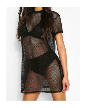 (M/L (UK12-14)) Women Mini Fishnet Sexy Black Mesh Tunic Dress