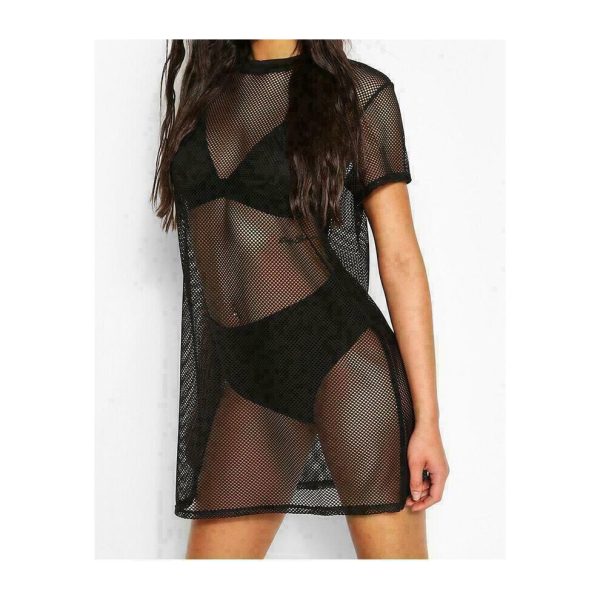(M/L (UK12-14)) Women Mini Fishnet Sexy Black Mesh Tunic Dress