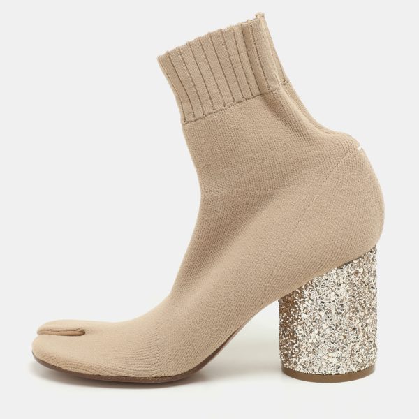 Maison Martin Margiela Beige Knit Fabric Tabi Sock Ankle Length Boots Size 37