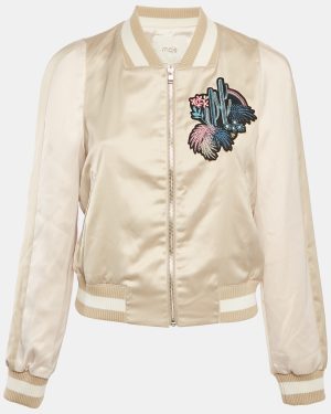 Maje Beige Cactus Applique Satin Bomber Jacket L