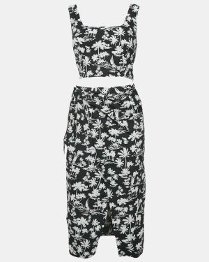 Maje Black Printed Cotton Top and Wrap Skirt Set M/S