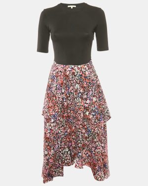 Maje Black/Multicolor Floral Print Cotton and Crepe Asymmetric Dress M