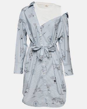 Maje Blue Striped Printed Cotton & Knit Off Shoulder Belted Shirt Dress M