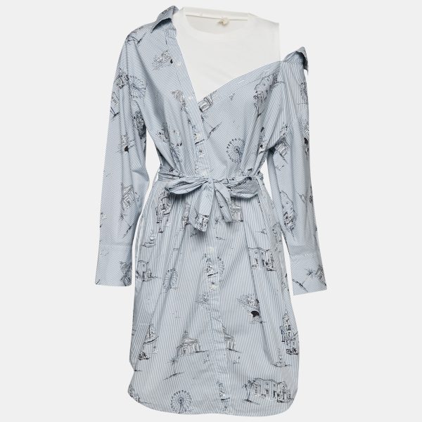 Maje Blue Striped Printed Cotton & Knit Off Shoulder Belted Shirt Dress M