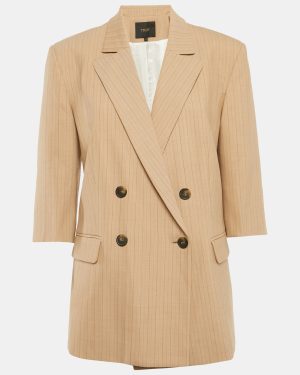Maje Dark Beige Stripe Wool Blend Double Breasted Blazer M