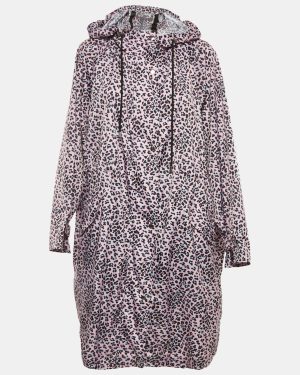 Maje Pink Leopard Print Synthetic Zip-Up Hooded Long Coat S