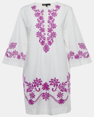 Maje White Floral Embroidery Cotton V-Neck Mini Dress M