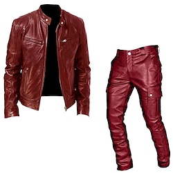 Male Faux Leather Jacket Transition Jacket Daily Wear Casual Daily Front Zip Fall Winter Solid / Plain Color Punk Crew Neck Regular Black Red Jacket
