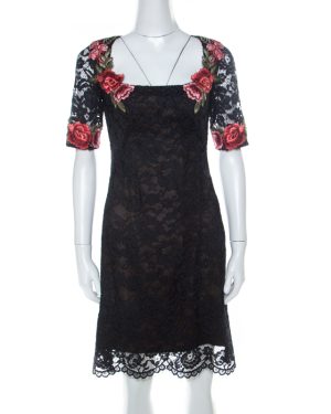 Marchesa Notte Black Lace Floral Applique Backless Short Dress S
