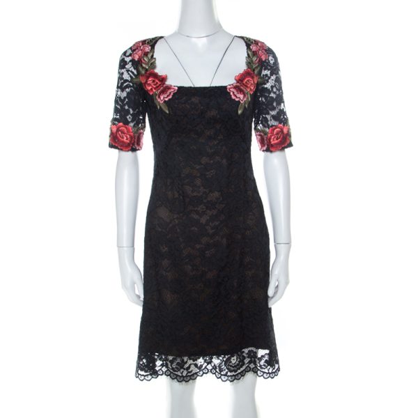 Marchesa Notte Black Lace Floral Applique Backless Short Dress S