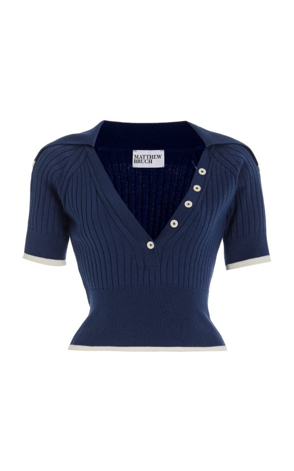 Matthew Bruch - Exclusive Ribbed-Knit Cotton-Blend Cropped Top - Navy - 1 - Moda Operandi