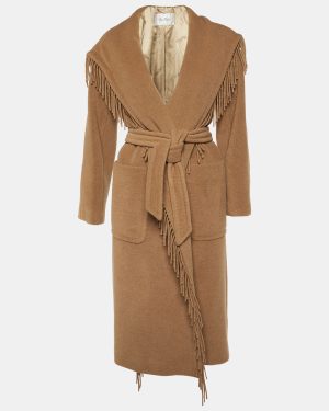 Max Mara Brown Camel Wool Fringed Wrap Coat S