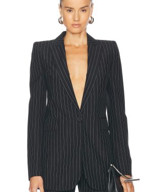McQueen Pinstripe Blazer in Black & White - Black. Size 40 (also in 42).