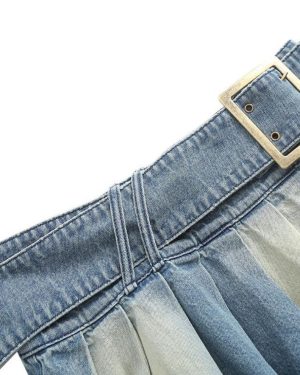 (Medium) "Women's Sexy Low-Waist Split Belt Denim Pleated A-line Mini Skirt"
