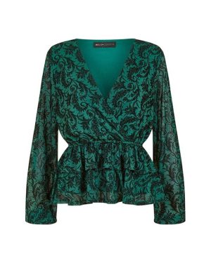 Mela London Mela London Green Velour Printed Wrap Top