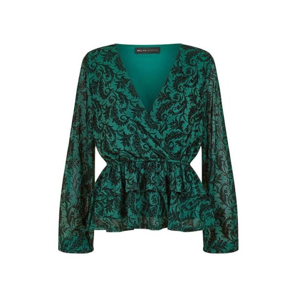 Mela London Mela London Green Velour Printed Wrap Top
