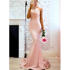Mermaid / Trumpet Evening Gown Elegant Dress Formal Evening Party Court Train Sleeveless Halter Neck Satin with Buttons Slit 2025
