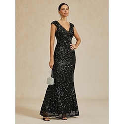 Mermaid / Trumpet Quinceanera Dresses Elegant Dress Formal Wedding Floor Length Short Sleeve V Neck Lace Backless with Sequin 2025