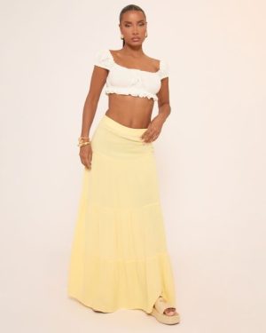Mid Rise Tiered Maxi Skirt In Yellow Soft Woven, Women's Size UK 6
