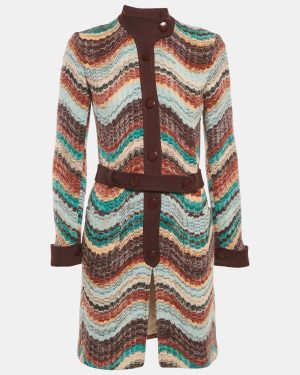 Missoni Multicolor Zig Zag Wool Knit Belted Coat S
