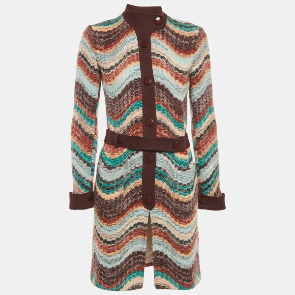 Missoni Multicolor Zig Zag Wool Knit Belted Coat S