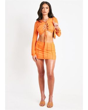 Missy Empire Contrast Seam Lace Up Long Sleeve Crop Top - Orange