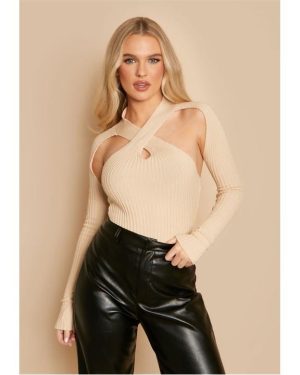 Missy Empire Cut Out Halter Neck Bodysuit - Beige