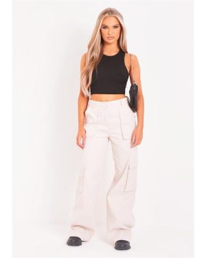 Missy Empire Detail Mid Rise Cargo Pants - Beige