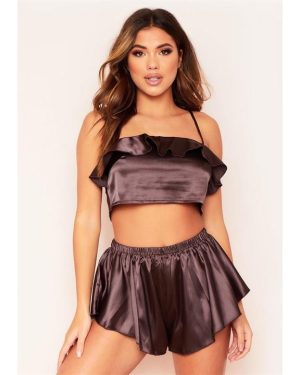 Missy Empire Frill Pyjama Crop Top - Brown