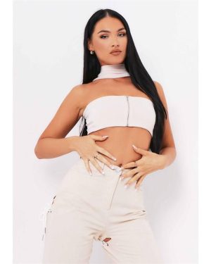 Missy Empire Knit Zip Bandeau Crop Top - Beige