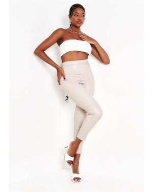 Missy Empire Leather PU Seamed Trousers - Beige