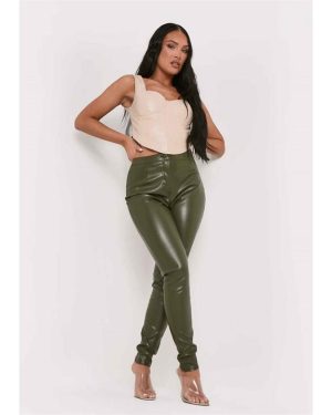 Missy Empire Leather PU Skinny Trousers - Green