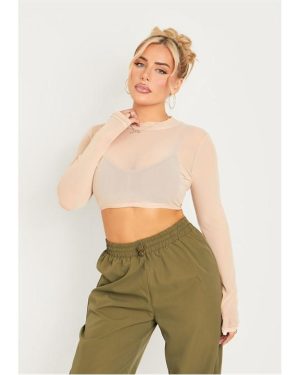 Missy Empire Long Sleeve Crop Top - Beige