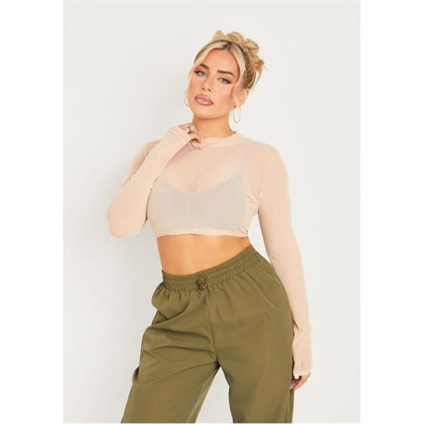 Missy Empire Long Sleeve Crop Top - Beige