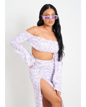 Missy Empire Print Bardot Long Sleeve Crop Top - Purple