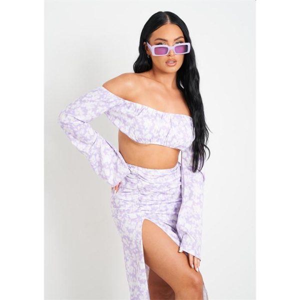 Missy Empire Print Bardot Long Sleeve Crop Top - Purple