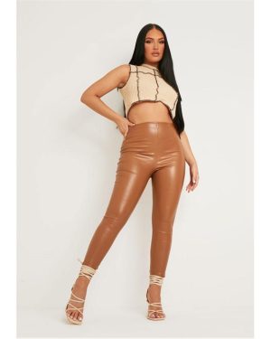 Missy Empire Print High Waisted Vegan Leather Leggings - Brown