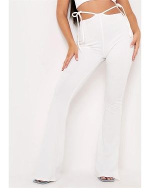 Missy Empire Side Strap Detail Cut Out Flared Trousers - White