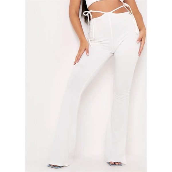 Missy Empire Side Strap Detail Cut Out Flared Trousers - White