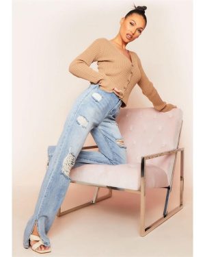Missy Empire Wash Ripped Split Hem Straight Leg Jeans - Blue