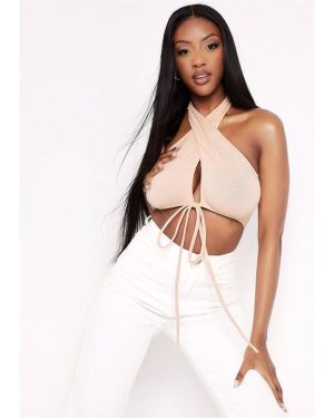 Missy Empire Wrap Around Crop Top - Beige