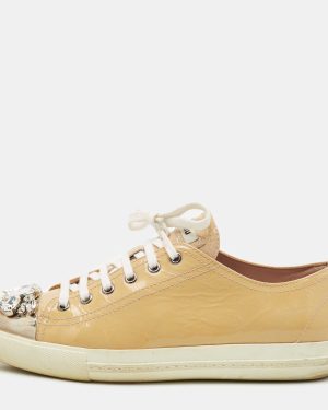 Miu Miu Beige Patent Leather Crystal Embellished Cap Toe Sneakers Size 39.5