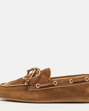 Miu Miu Brown Suede Logo Embossed Bow Loafers Size 36.5