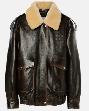 Miu Miu Logo faux shearling-trimmed leather jacket