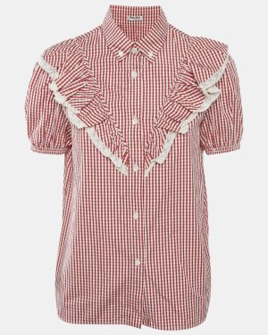 Miu Miu Red/White Cotton Gingham Ruffled Button Front Blouse M