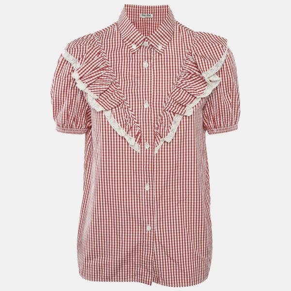 Miu Miu Red/White Cotton Gingham Ruffled Button Front Blouse M